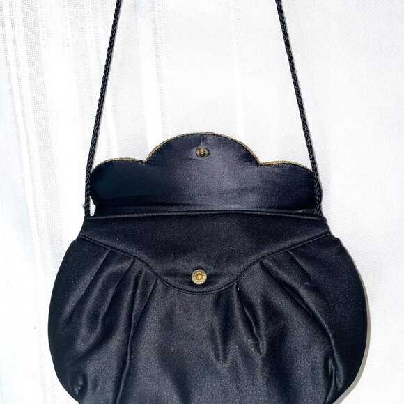 Vintage 80's Glam Semi-Formal Satin Shimmer Beaded Black & Gold Purse by ELKA - Picture 4 of 7